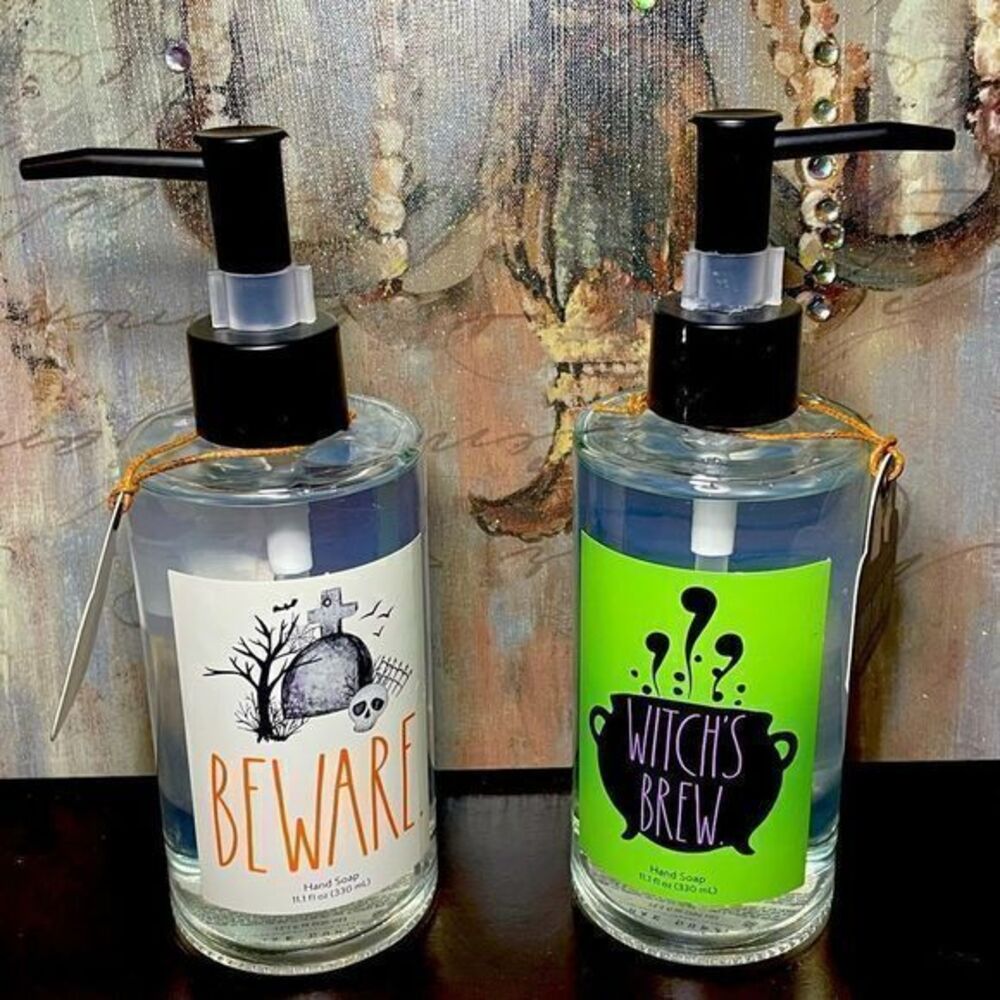 Rae Dunn Glass Soap Dispenser “WITCHES BREW.” Cranberry Apple & BEWARE” Pumpkin